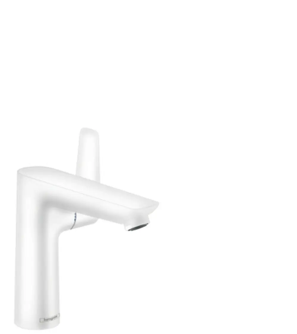 Weißer Einhebel-Waschtischmischer von Hansgrohe, mit schmalem Auslauf und seitlichem Hebel für die Bedienung, auf weißem Hintergrund.